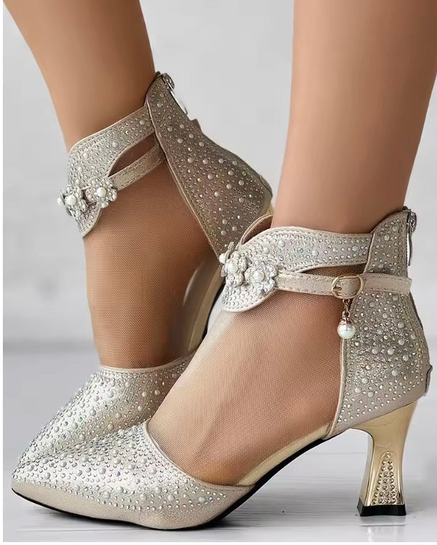 Beaded Rhinestone Mesh Patchwork Pyramid Heels