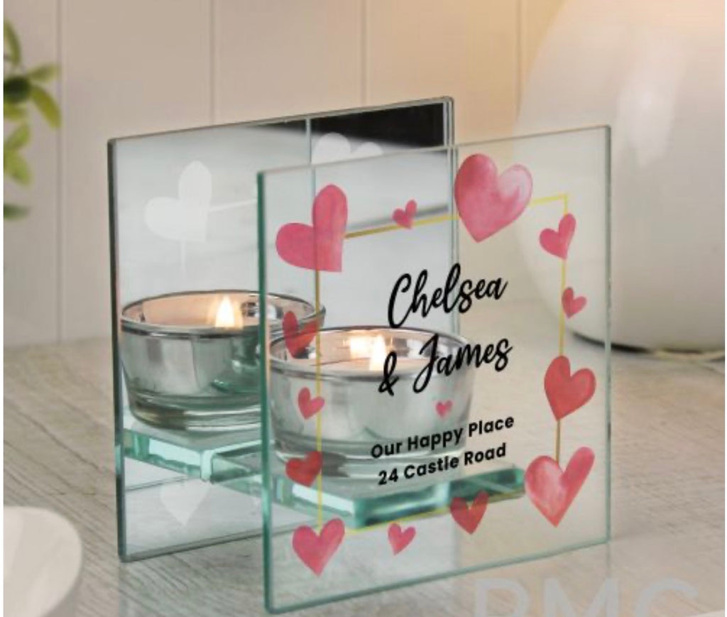 Personalised Hearts Mirrored Glass Tealight Holder
