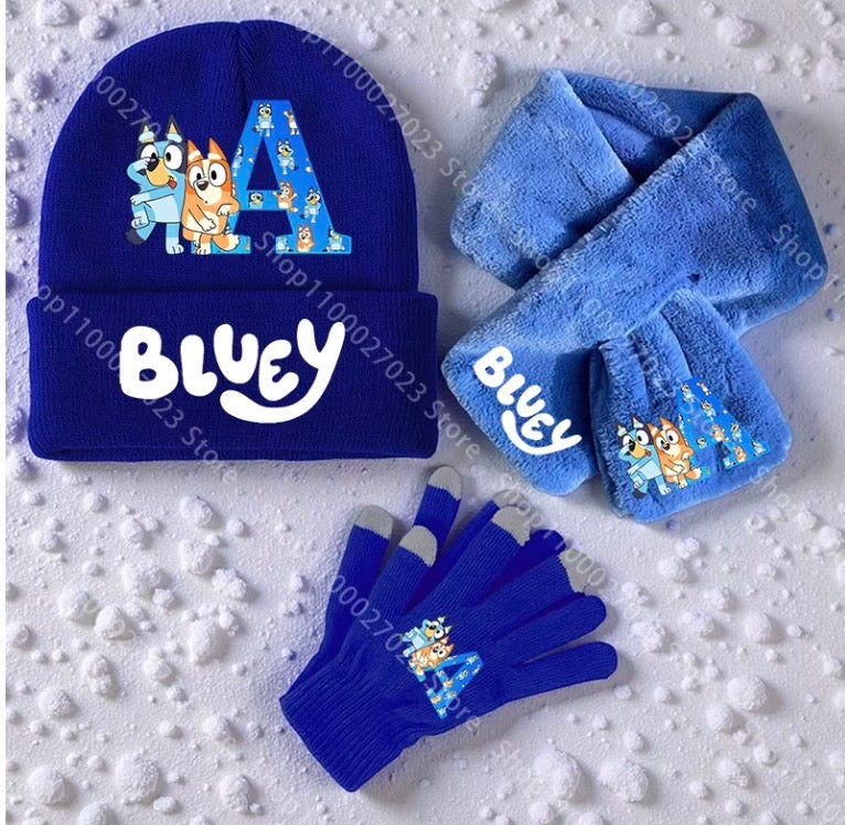 Bluey Scarf Knitted Hats Gloves for Boys Girls 3PCS/Set Cartoon Letters Name