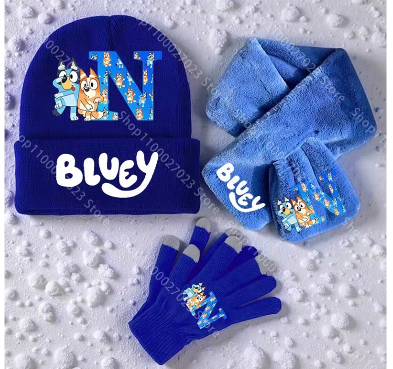Bluey Scarf Knitted Hats Gloves for Boys Girls 3PCS/Set Cartoon Letters Name