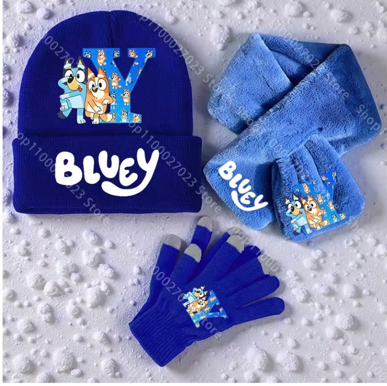 Bluey Scarf Knitted Hats Gloves for Boys Girls 3PCS/Set Cartoon Letters Name