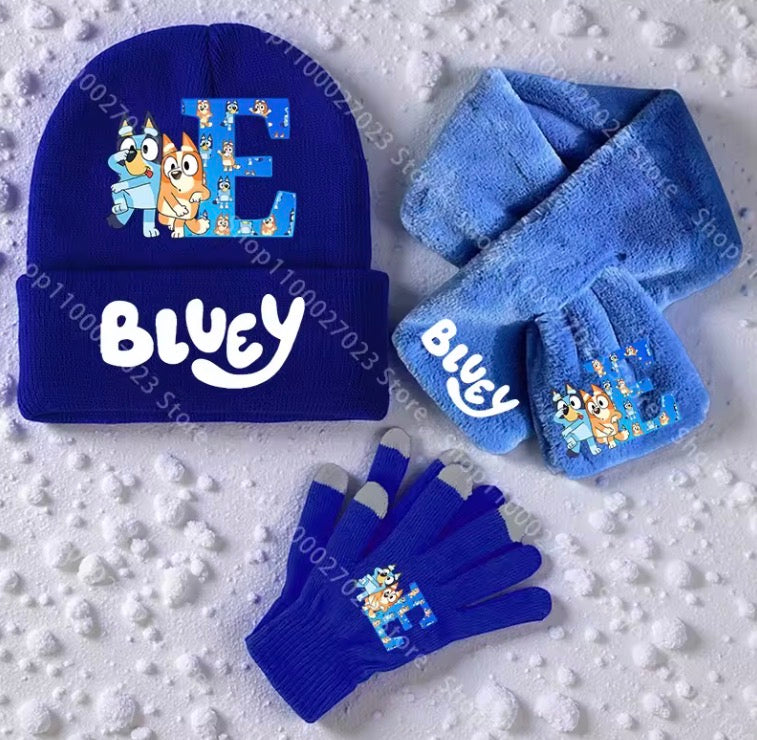 Bluey Scarf Knitted Hats Gloves for Boys Girls 3PCS/Set Cartoon Letters Name