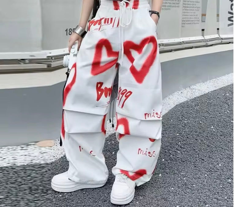 Graffiti Heart Wide-Leg Cargo Trousers