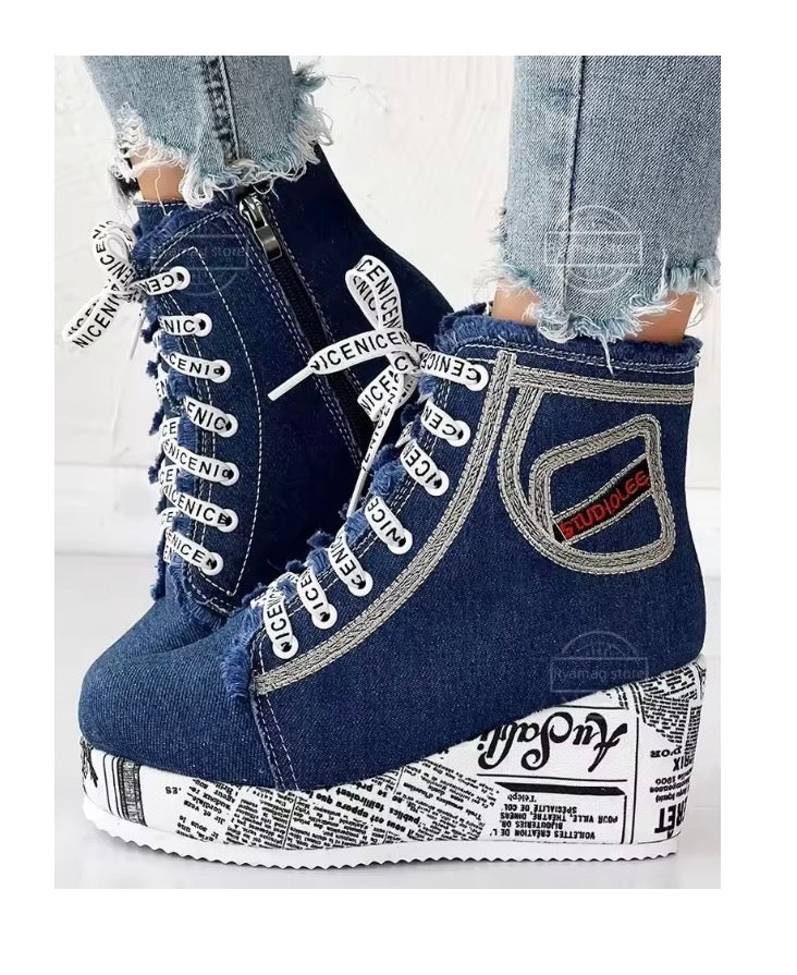 Ladies Denim Wedge Boots