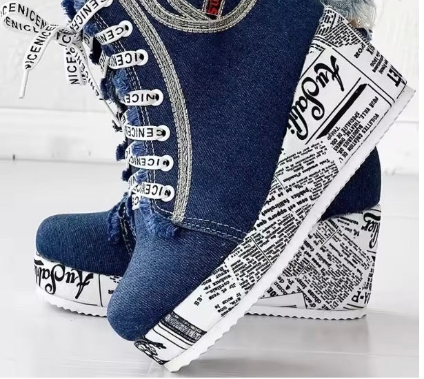 Ladies Denim Wedge Boots
