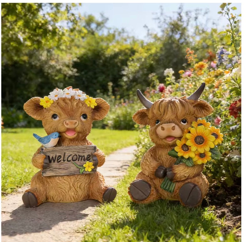 Highland Cow Garden Ornament – Welcome & Sunflower Design