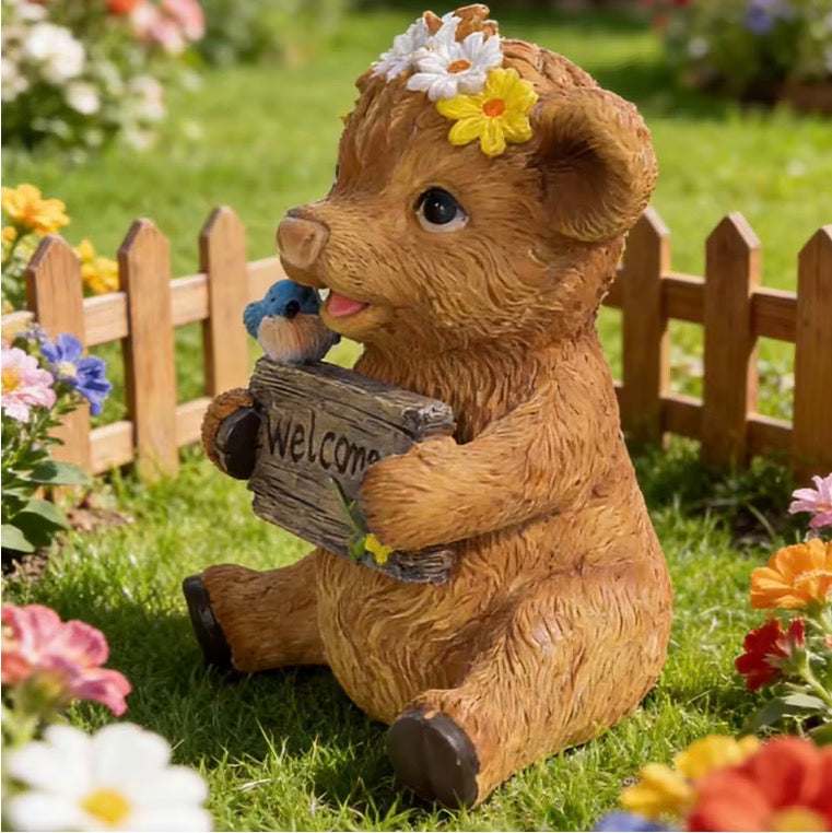 Highland Cow Garden Ornament – Welcome & Sunflower Design