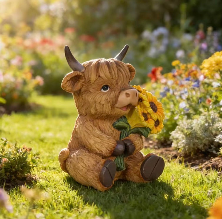 Highland Cow Garden Ornament – Welcome & Sunflower Design