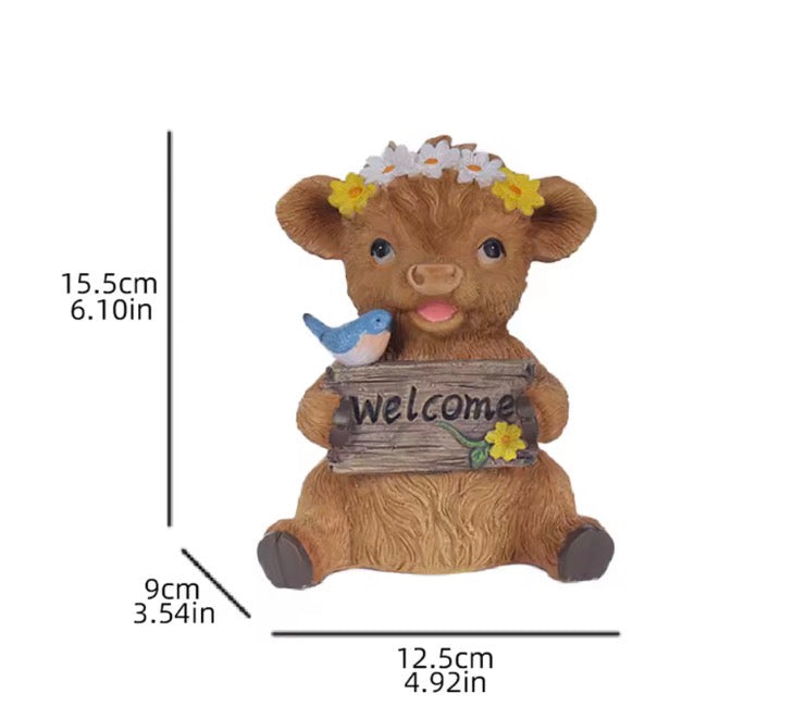 Highland Cow Garden Ornament – Welcome & Sunflower Design