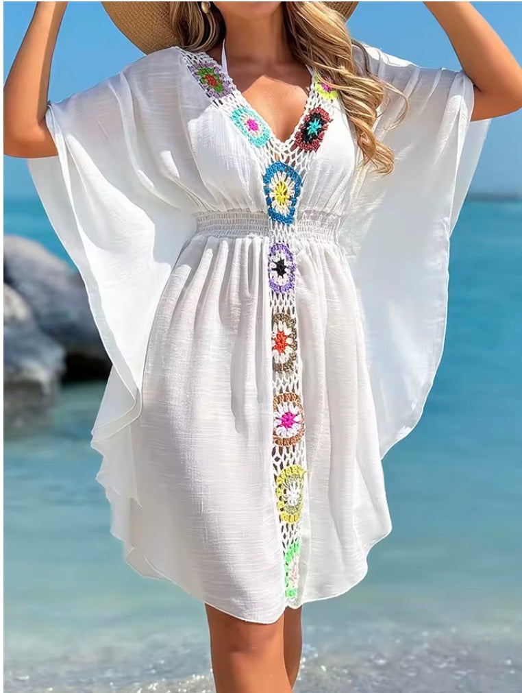 Crochet V Neck White Cover-Up Dress