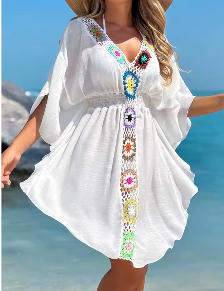 Crochet V Neck White Cover-Up Dress