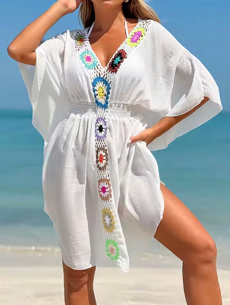 Crochet V Neck White Cover-Up Dress