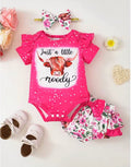 Floral Butterfly Headband Short-Sleeve Romper Shorts 3-Piece Set