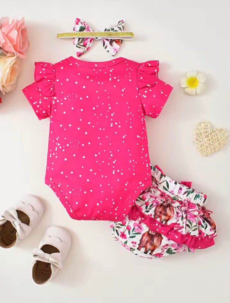 Floral Butterfly Headband Short-Sleeve Romper Shorts 3-Piece Set