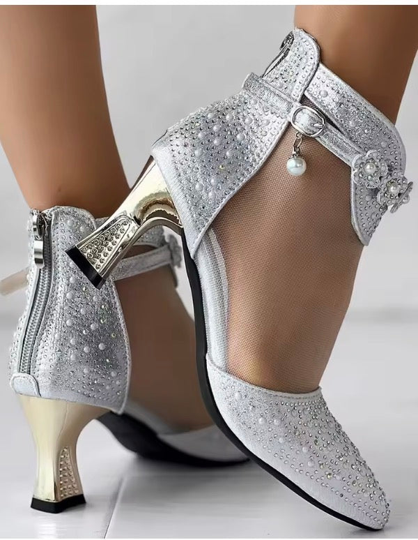 Beaded Rhinestone Mesh Patchwork Pyramid Heels