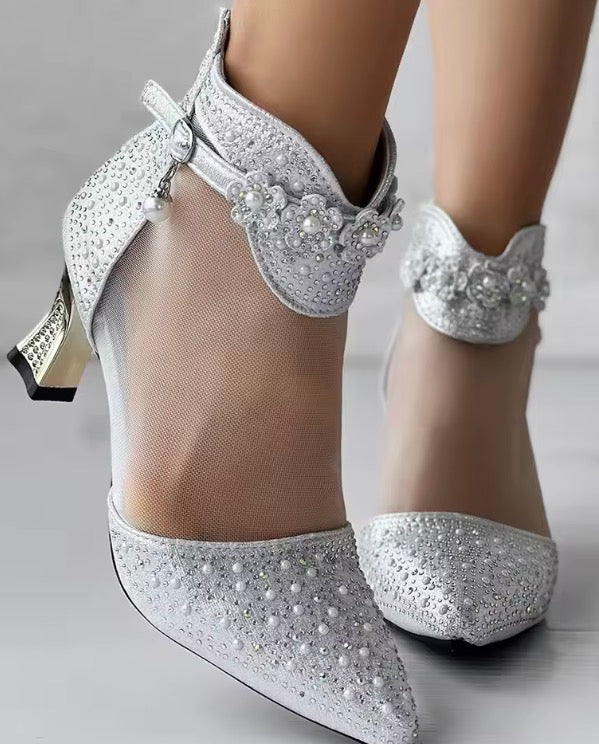 Beaded Rhinestone Mesh Patchwork Pyramid Heels