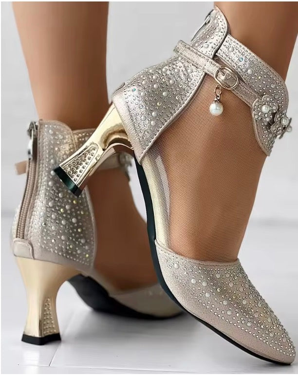 Beaded Rhinestone Mesh Patchwork Pyramid Heels