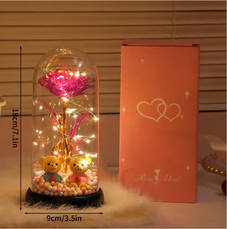 LED Crystal Rose Dome with Teddy Bears