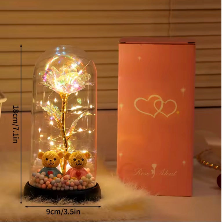 LED Crystal Rose Dome with Teddy Bears