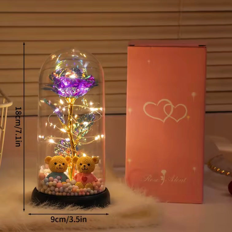 LED Crystal Rose Dome with Teddy Bears