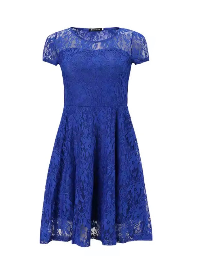 Floral Lace Dress Round Neck Short Sleeve