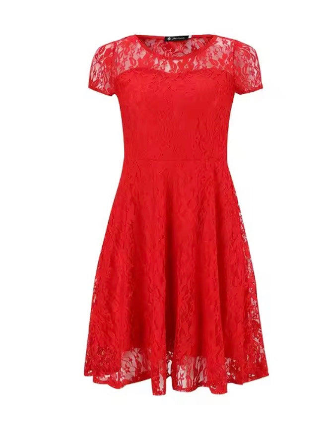 Floral Lace Dress Round Neck Short Sleeve