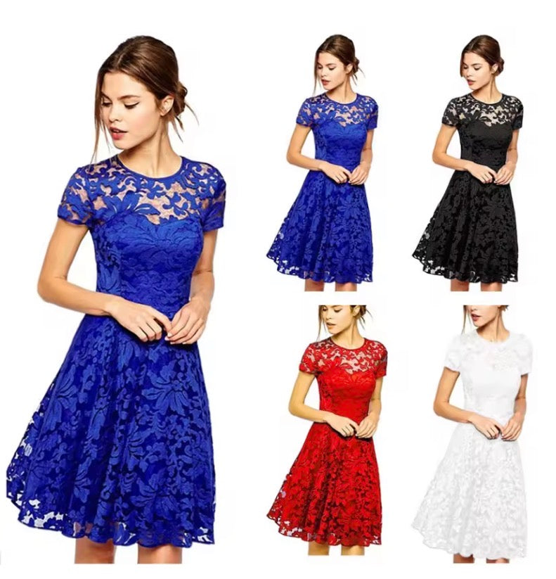Floral Lace Dress Round Neck Short Sleeve