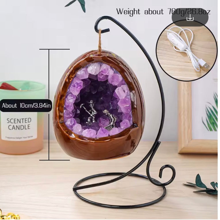 Natural Crystal Amethyst Bud Dinosaur Egg Shaped Geode Lamp