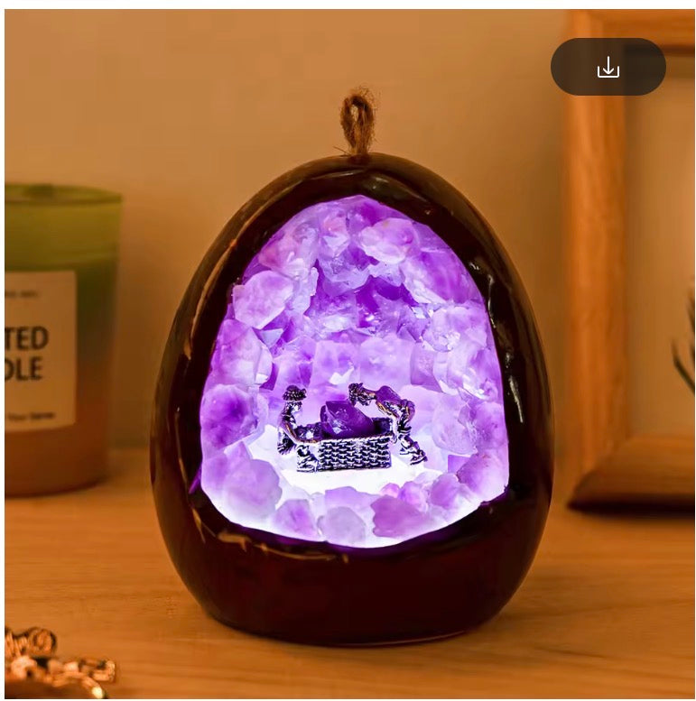 Natural Crystal Amethyst Bud Dinosaur Egg Shaped Geode Lamp