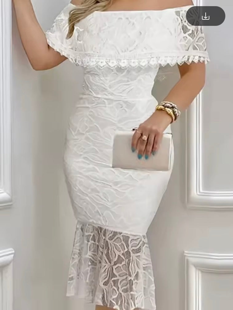 Women's White Off-Shoulder Lace Midi Dress