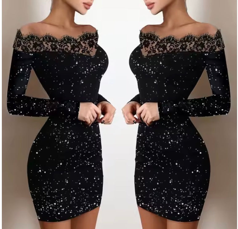 Lace Edge, One Shoulder Silver Powder Sprinkled Dress