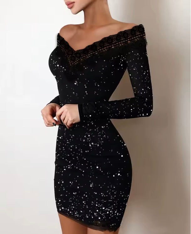 Lace Edge, One Shoulder Silver Powder Sprinkled Dress