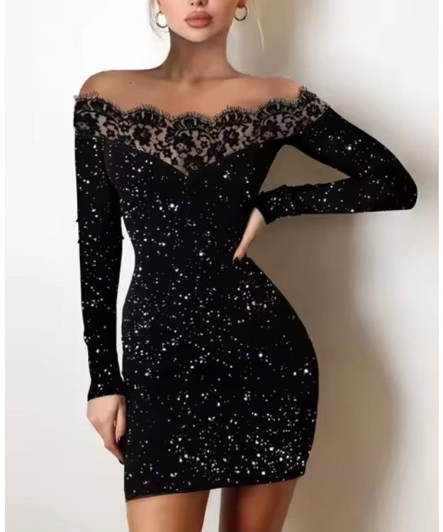 Lace Edge, One Shoulder Silver Powder Sprinkled Dress