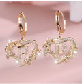 Female A-Z Letter Heart Flower Hoop Earrings Yellow Gold Color