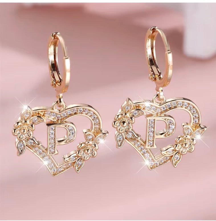 Female A-Z Letter Heart Flower Hoop Earrings Yellow Gold Color