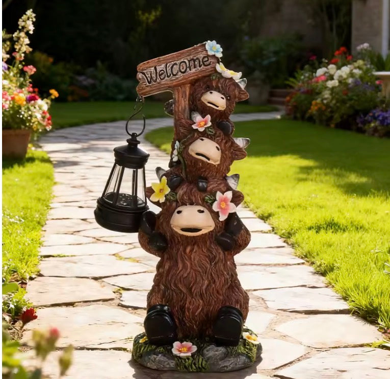Three Highland Cattle Statues with Solar Lights