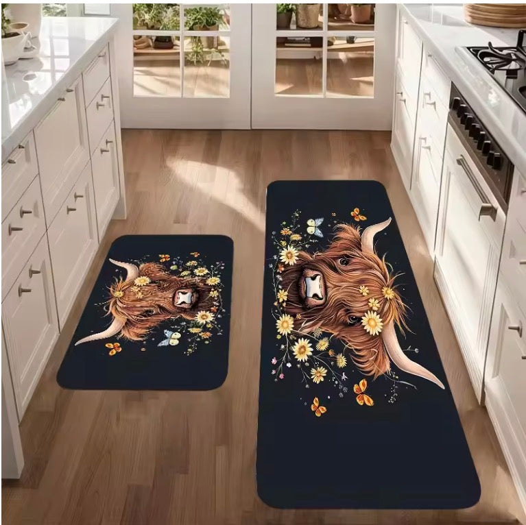 Highland Cow & Butterfly Kitchen Mat Scottish Farmhouse Mat Set