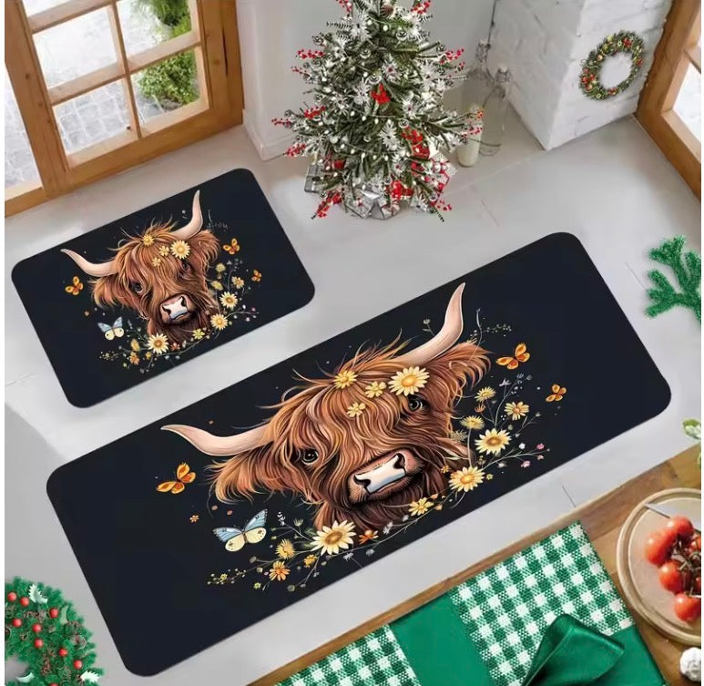 Highland Cow & Butterfly Kitchen Mat Scottish Farmhouse Mat Set