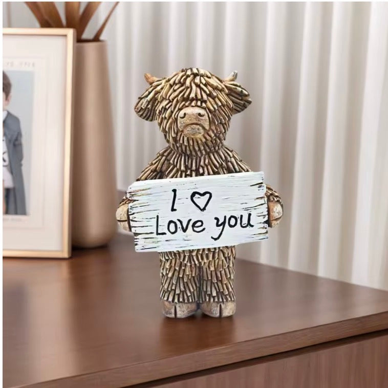 1 Funny Highland Cow Statue, Highland Cow Holding an I Love You Sign