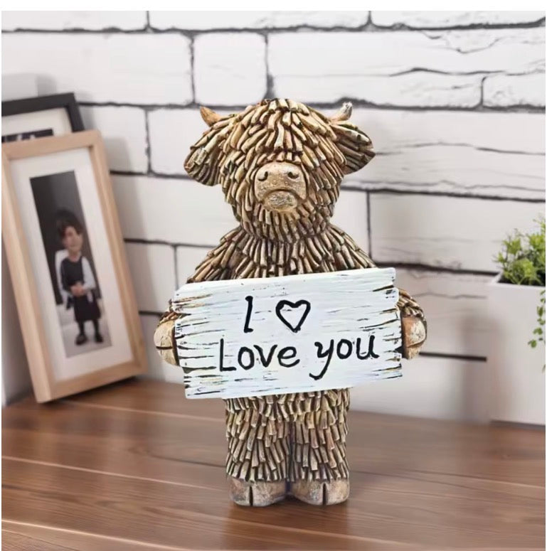 1 Funny Highland Cow Statue, Highland Cow Holding an I Love You Sign