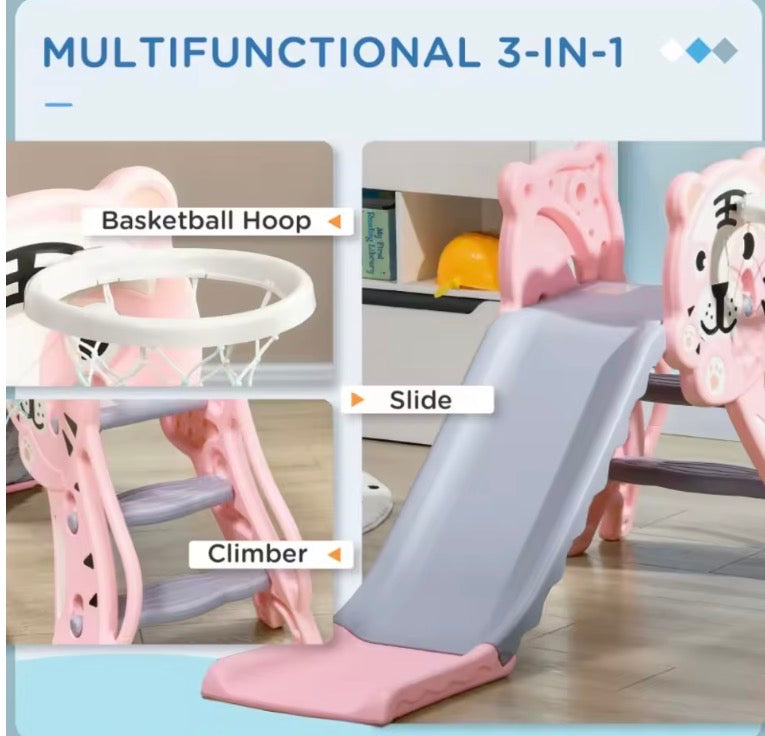 3 in 1 Baby Slide for Indoor Use with Climber, Basketball Hoop, Basketball