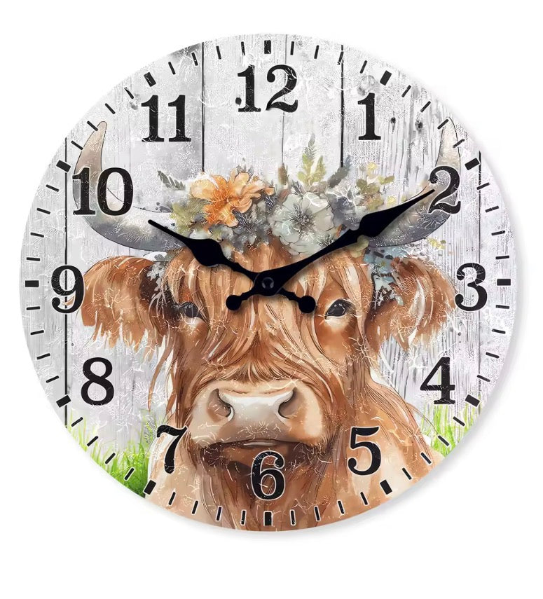 Creative Highland Cow with Flower Pattern Wooden Wall Clock