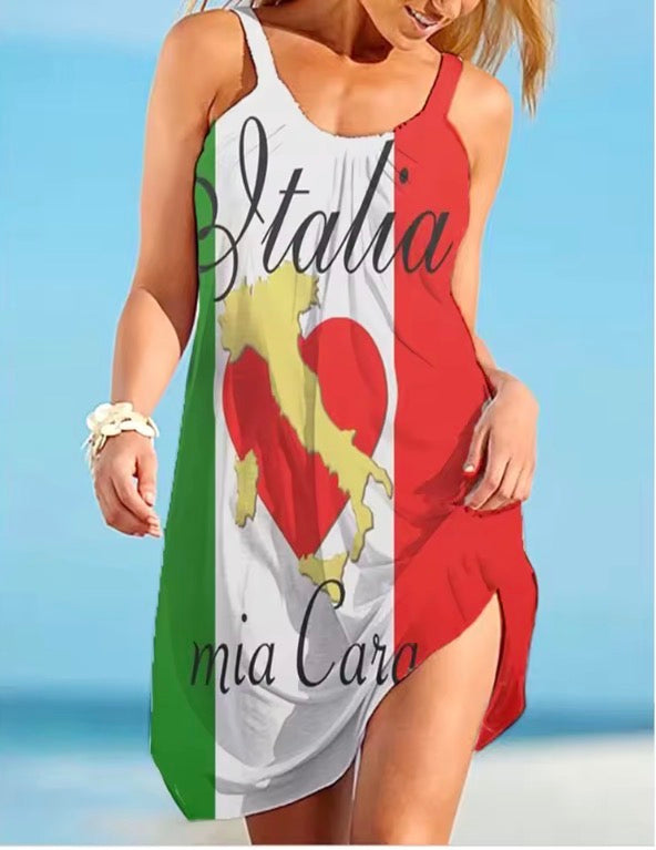 Italy Flag Dress Women Fashion Beach Strap Dress