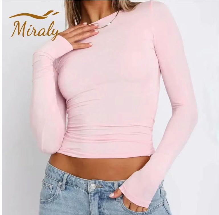 Pink T-Shirt Causal Long Sleeve Crop Top