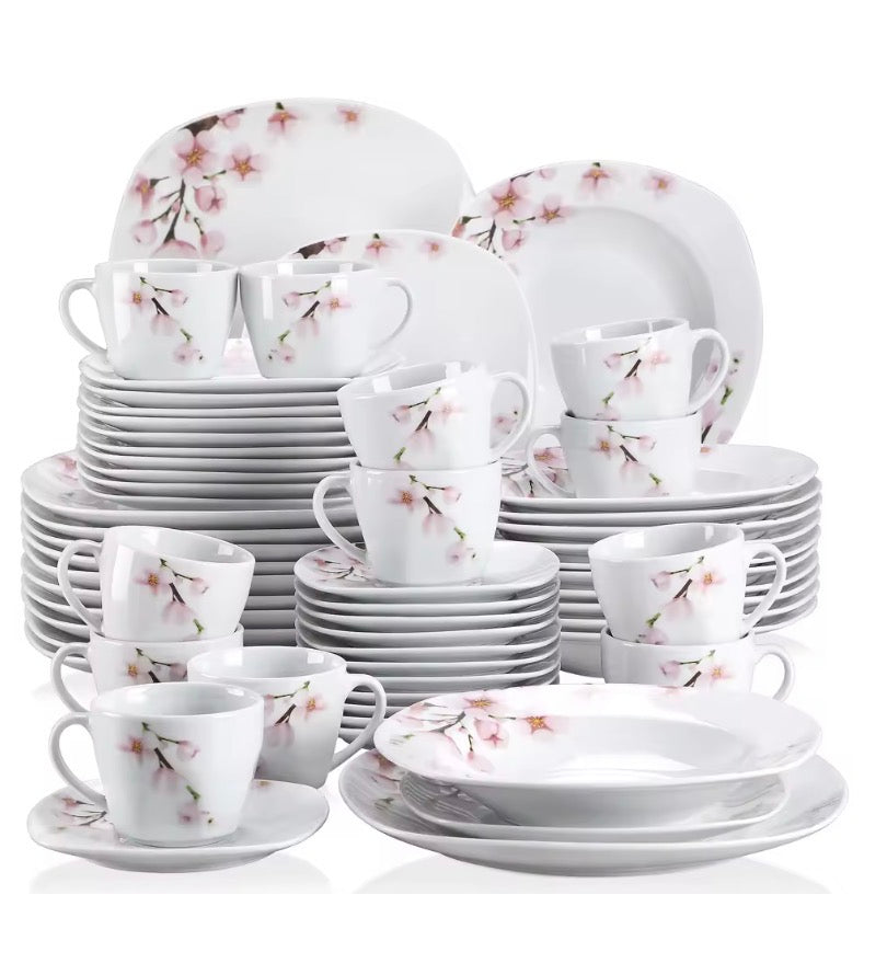 60-Piece White Ceramic Pink Floral Porcelain Plate Set