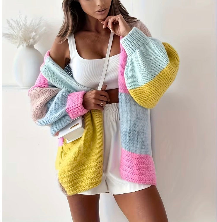 Color Block Patchwork Design Cardigan