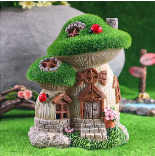 Mushroom House Sculpture with Solar Light