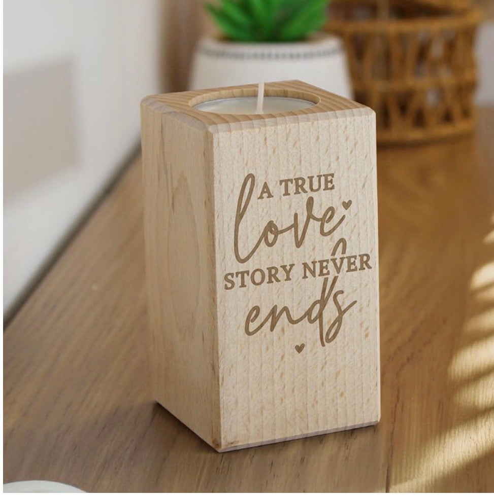Personalised Love Story Wooden Tealight Holder