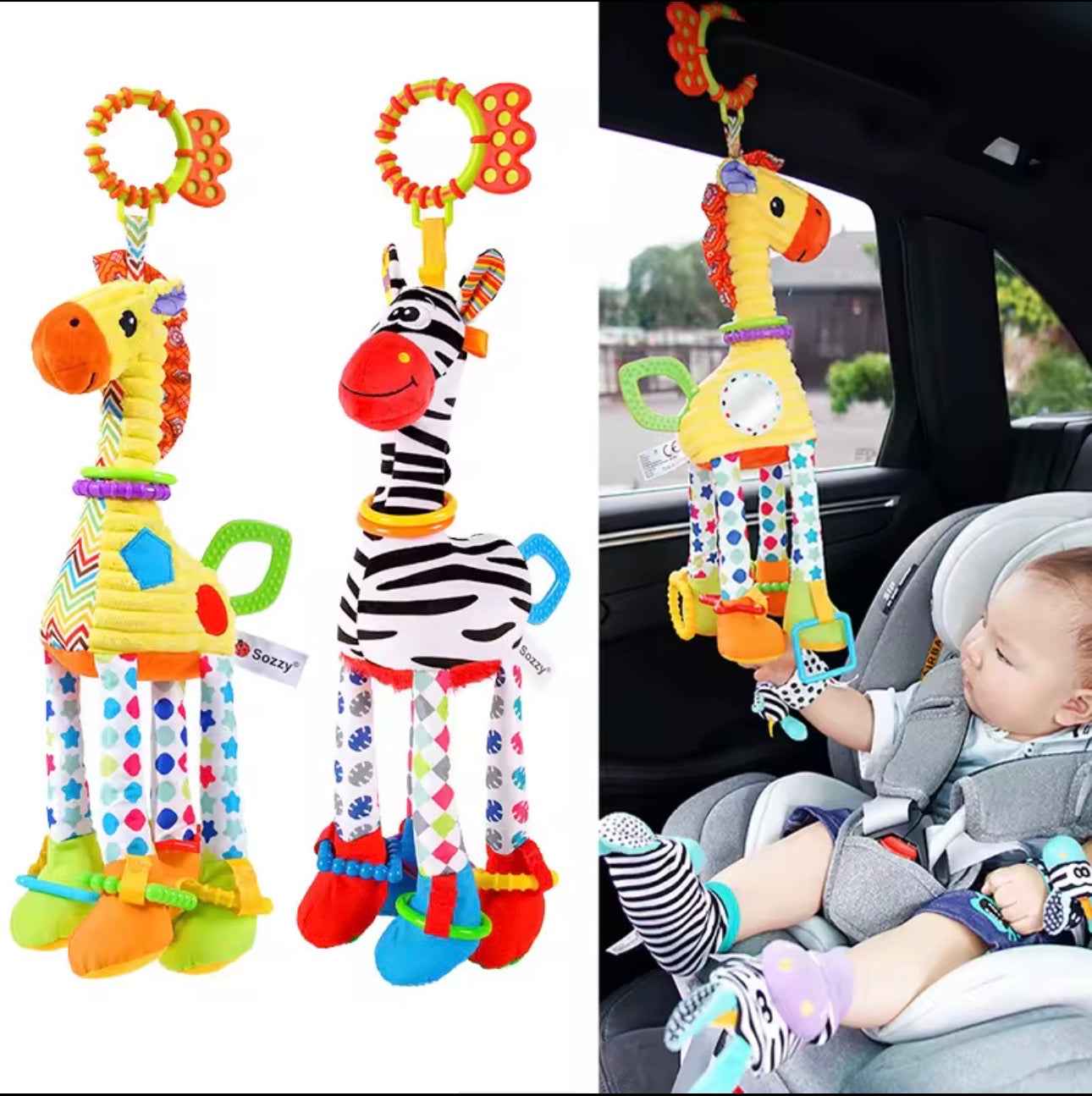 Soft Giraffe & Zebra Plush Rattle with Teether