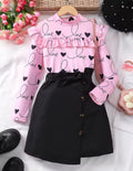 Girls’ 2-Piece Outfit – Love Print Top & Skirt Set 💕👗